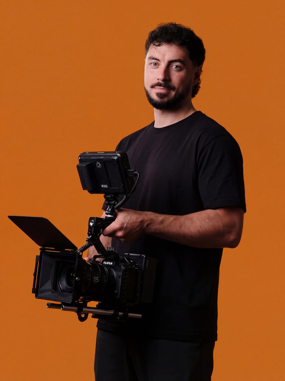 Federico Lordi sul set con la camera, su fondo arancione